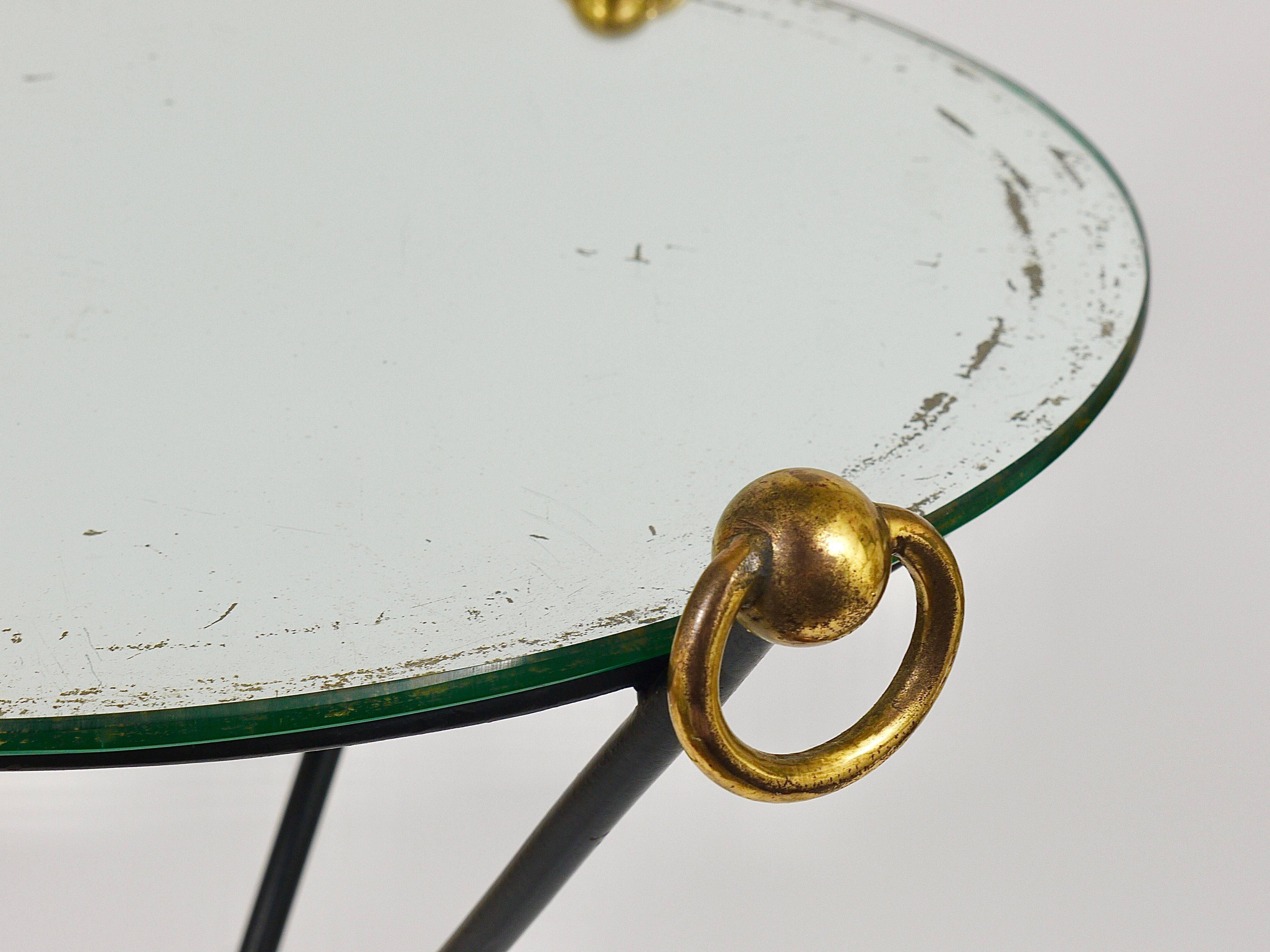 French mid-century mirror side table, Jacques Adnet style, brass, 1950s.