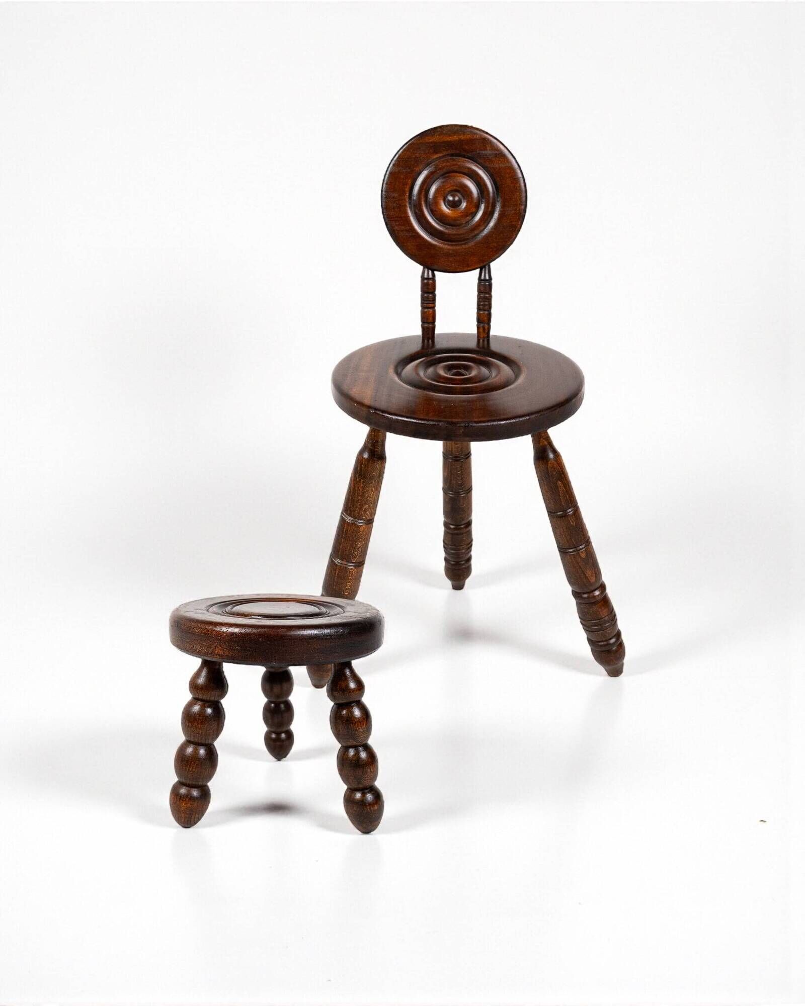 Low chair and turned wooden stool, Dudouyt style, France, 1940s