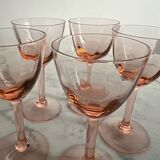 5 small pink glass stemmed glasses