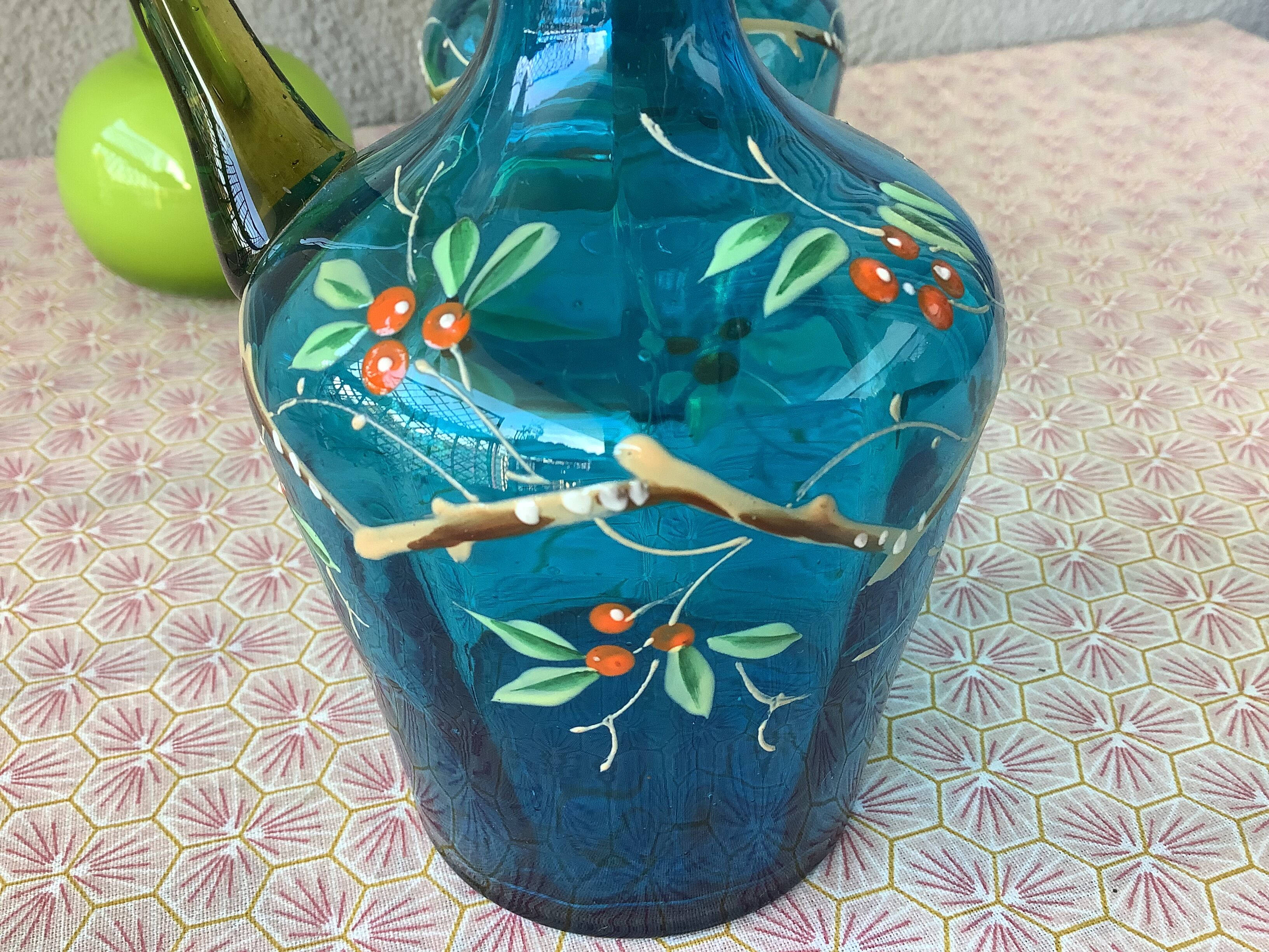 19th century enamelled blown glass liqueur decanters, called Georges Sand