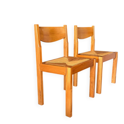 Paire de chaises en orme massif et paille – Maison Regain, ci