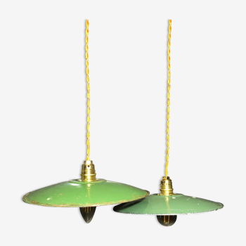 Pair of vintage hanging in green emailled indus style firm 24cm sleeve E14 new hard-wire gold.