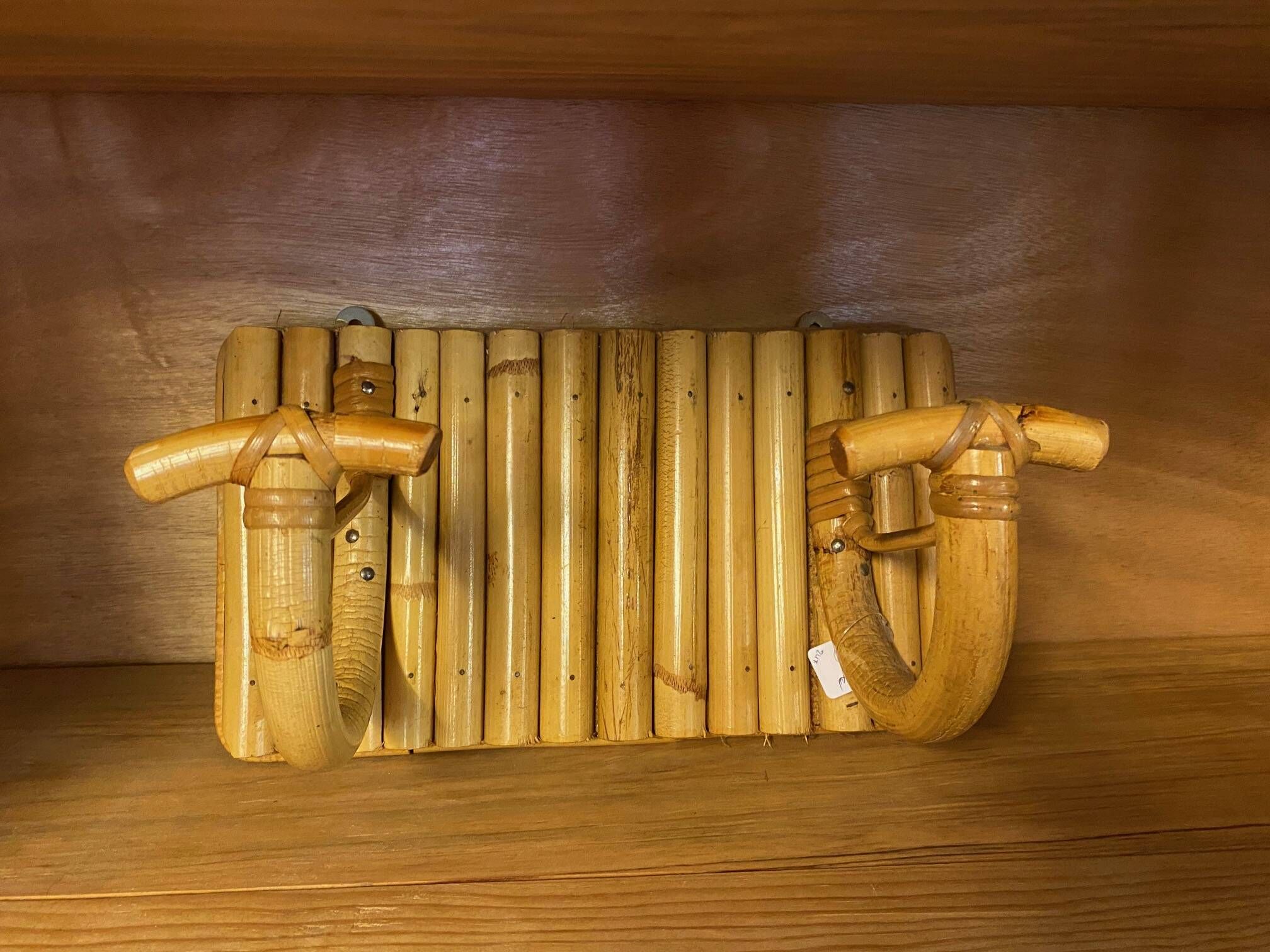 Vintage rattan coat rack with double hanging pegs