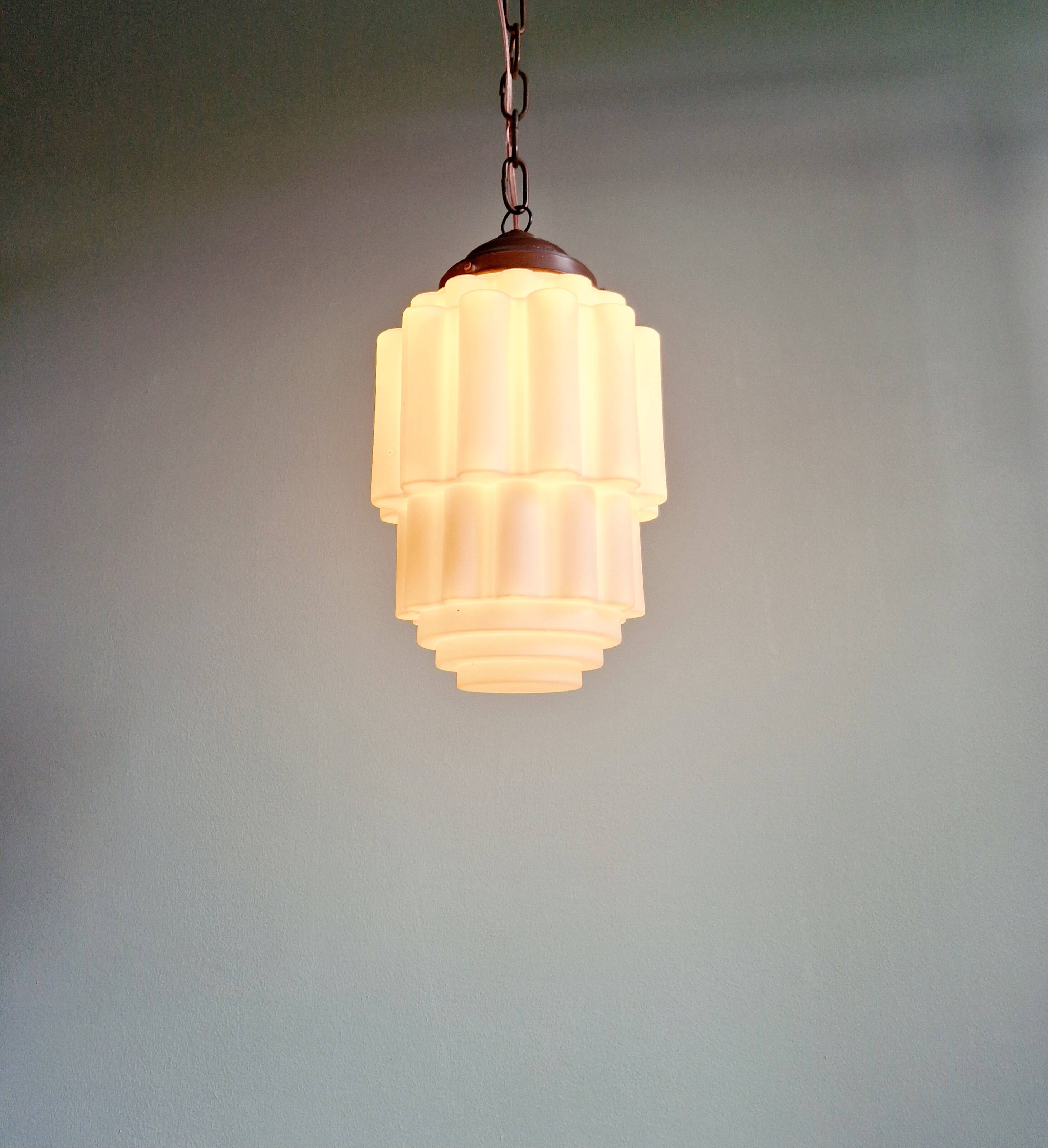 Art Deco pendant light, Skyscraper, white opaline, 1920s-30s