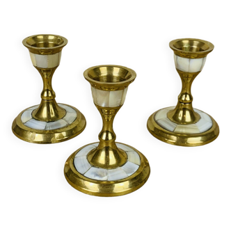 3 vintage mother-of-pearl and golden brass candlesticks