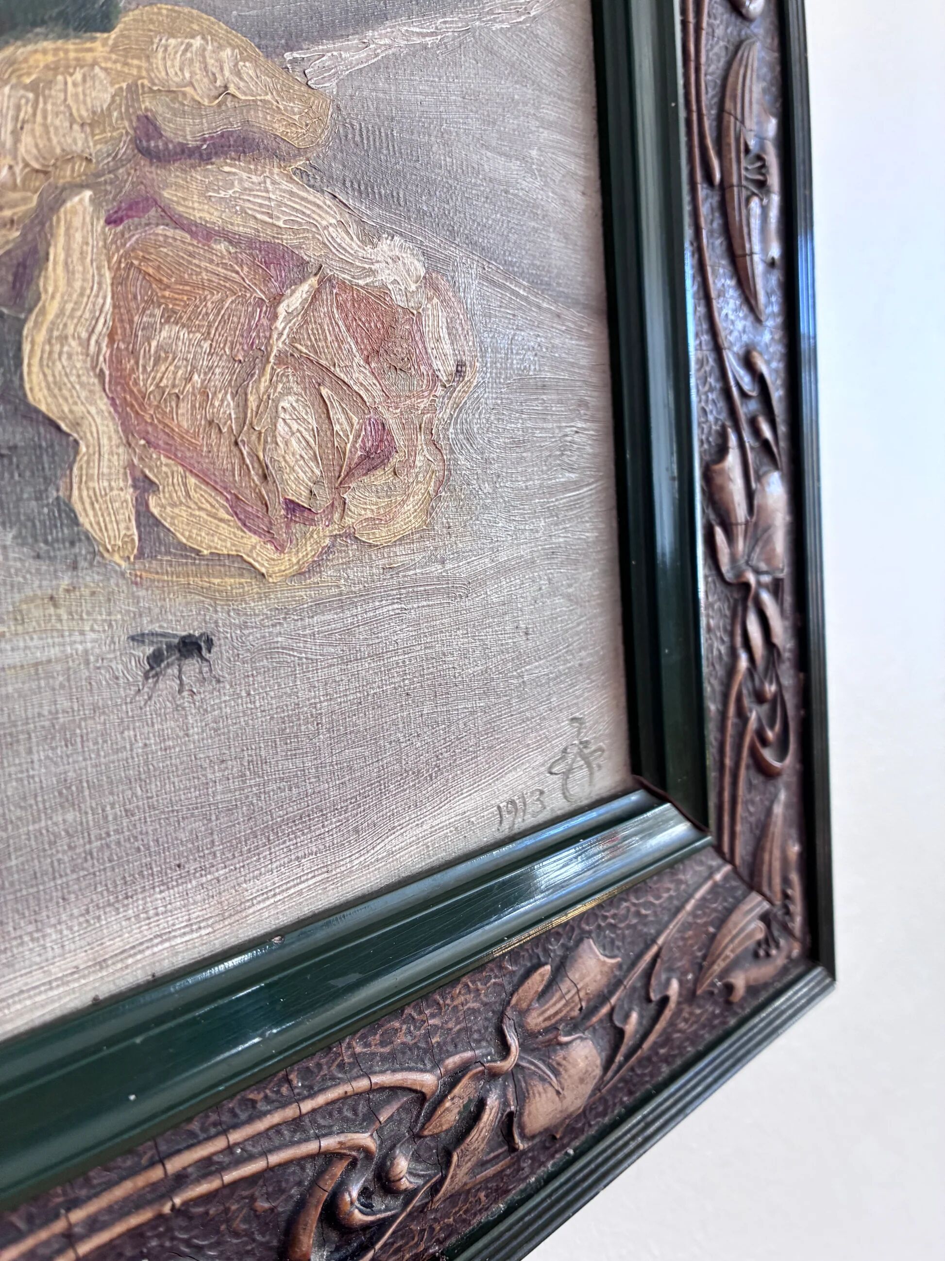 Antique original flower oil painting, yellow roses still life art