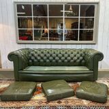 1970s Green Leather 3 Seater Chesterfield Sofa