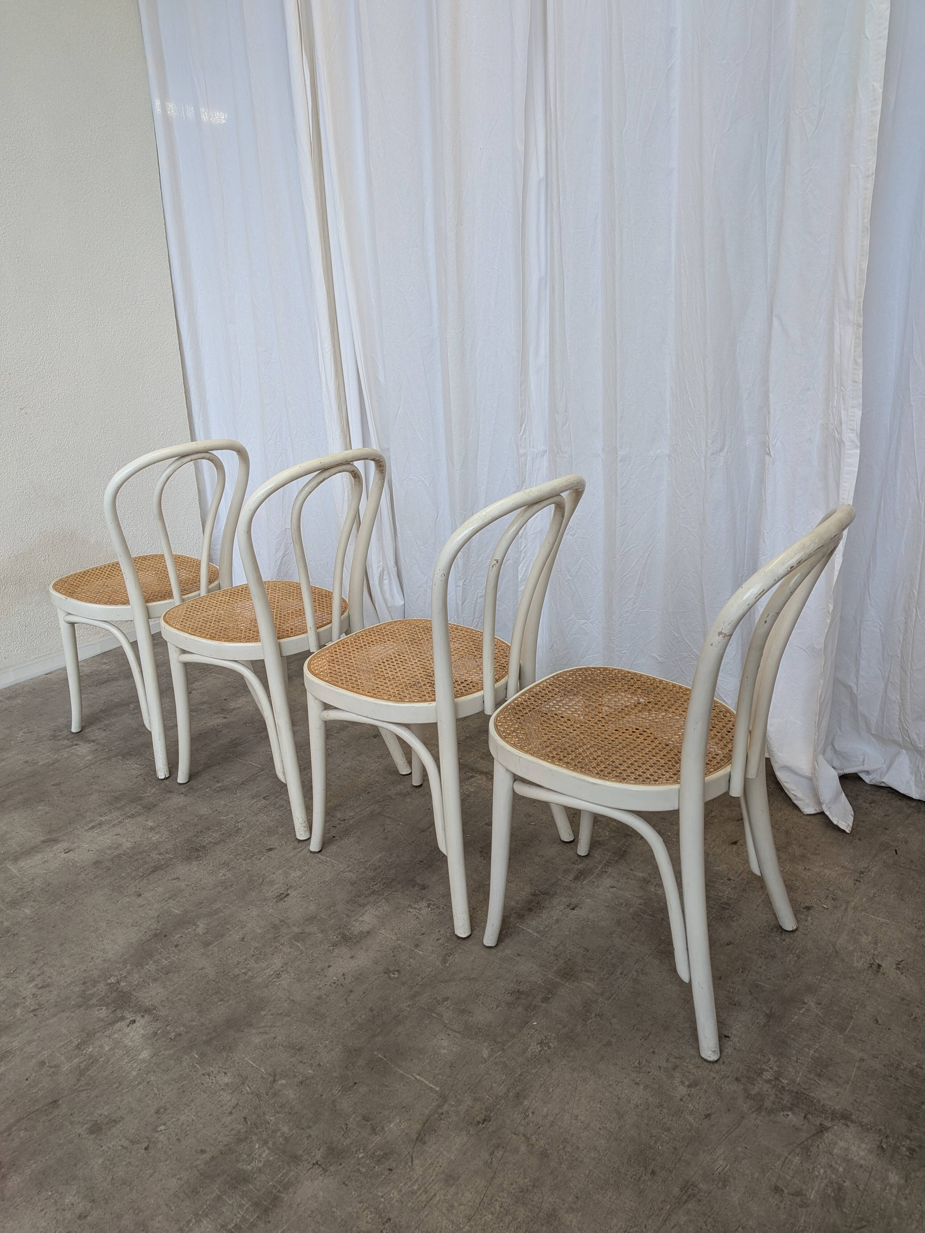 Set of 4 Vintage Thonet Style Dining Chairs: White Wood & Cane Seat