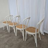 Set of 4 Vintage Thonet Style Dining Chairs: White Wood & Cane Seat