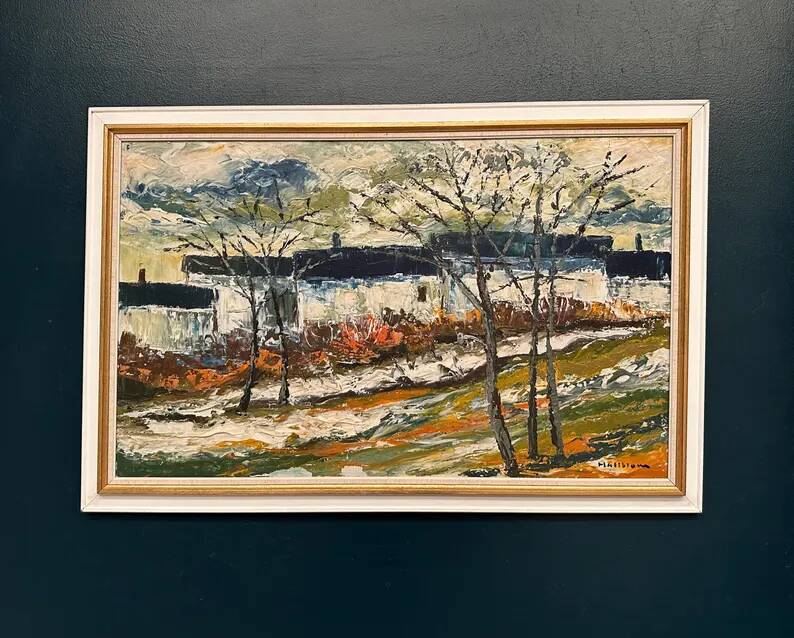 Large Original Swedish Oil on Panel – “Landscape with Houses and Trees” by Stig Hallblom – Signed – Vintage & Framed 90×59.5cm (35.4"×23.4")