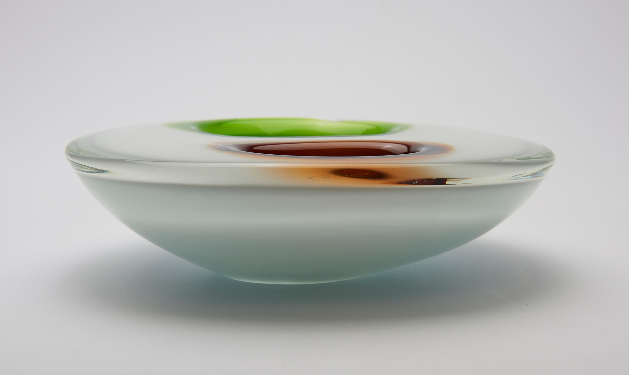 ashtray in white glass and green and orange "bubbles", 70s