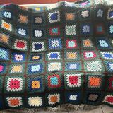 Plaid, sofa throw, crochet, handmade, vintage, 70s