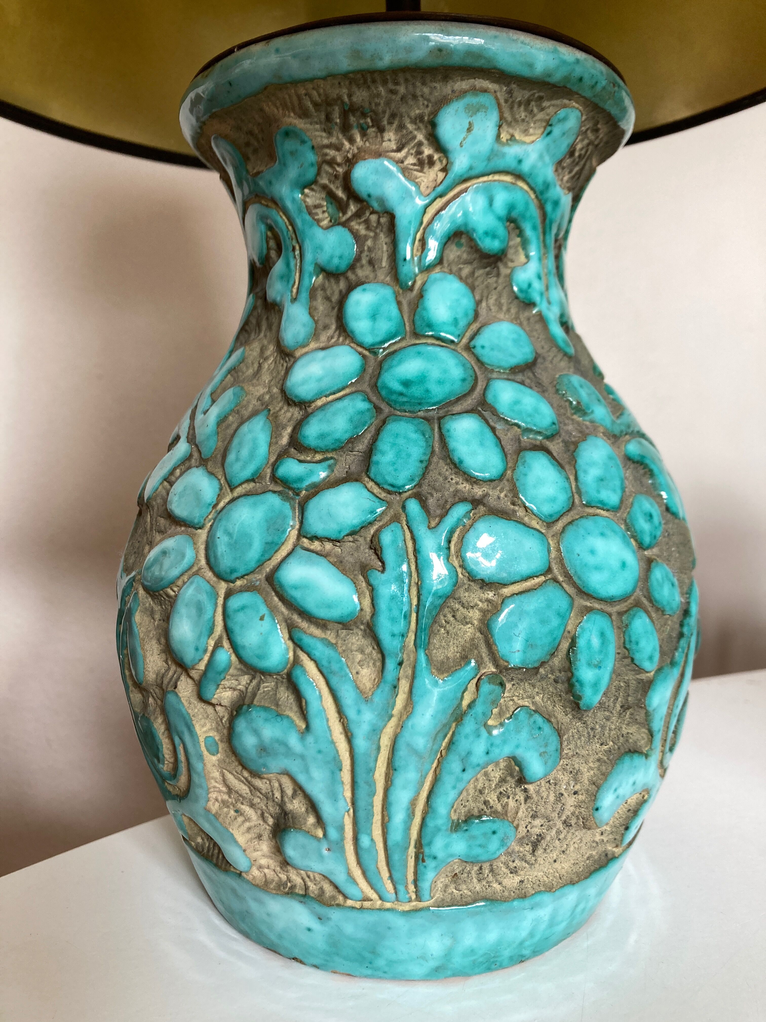 Italian glazed ceramic lamp 1960 mid century Bitossi turquoise
