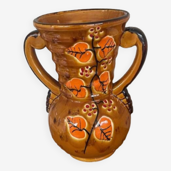 Ancien Vase Avec Anse Céramique Marron + Décor Feuilles Années 60 Vintage