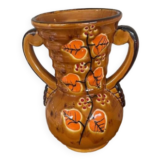 Ancien Vase Avec Anse Céramique Marron + Décor Feuilles Années 60 Vintage