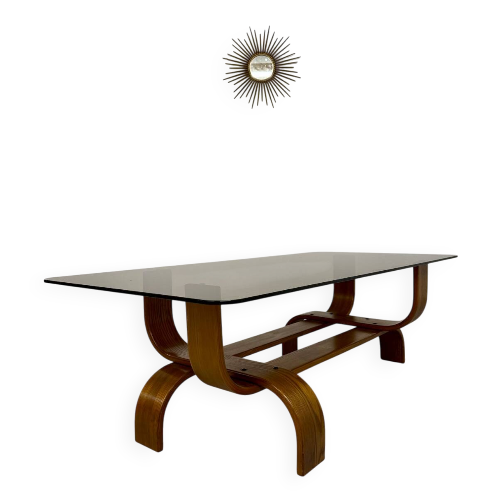 Vintage Fubo coffee table, 1970s design, made of bent wood and smoked glass