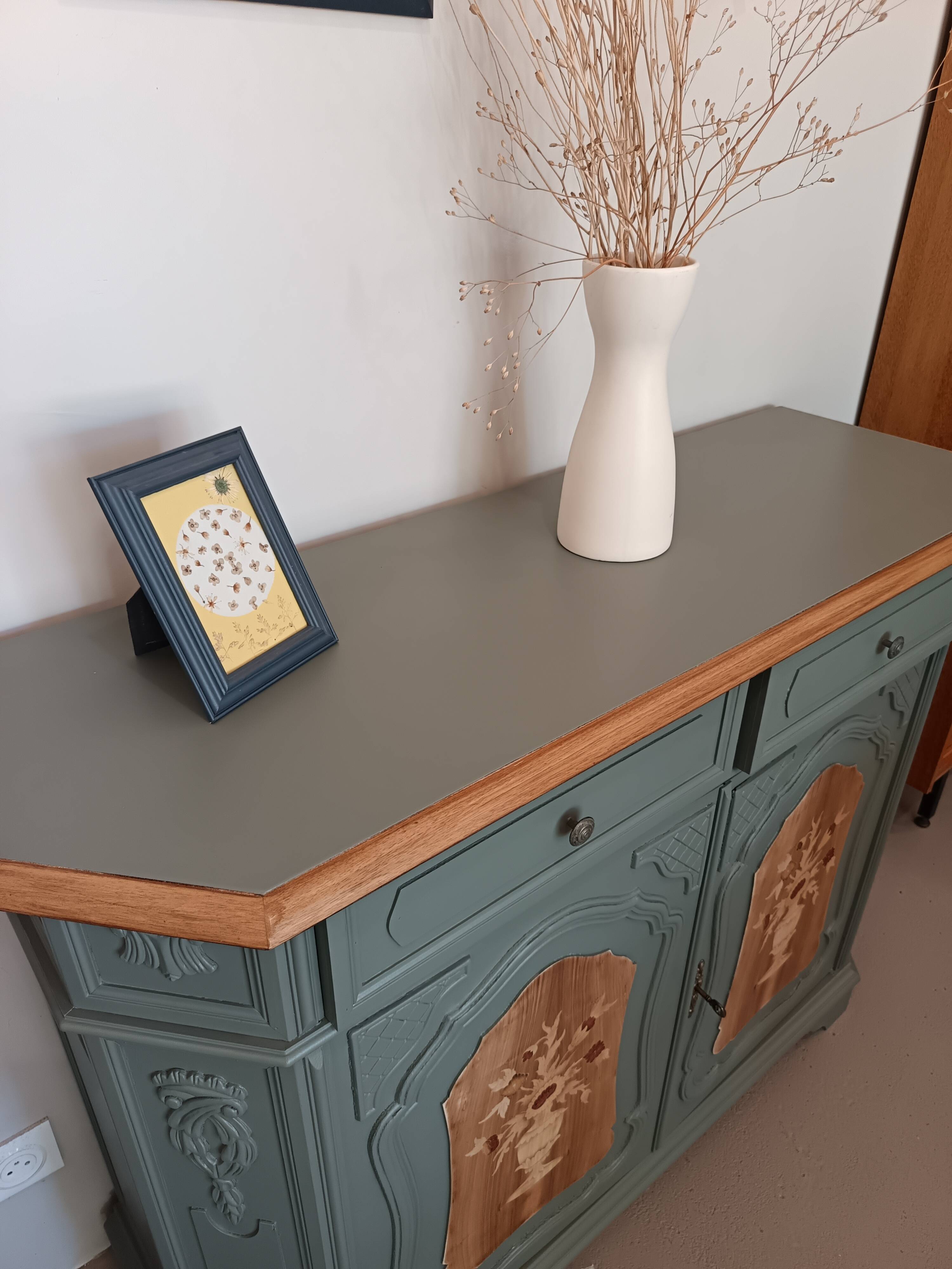 GREEN BRONZE AND WOOD BUFFET WITH MARQUETRY