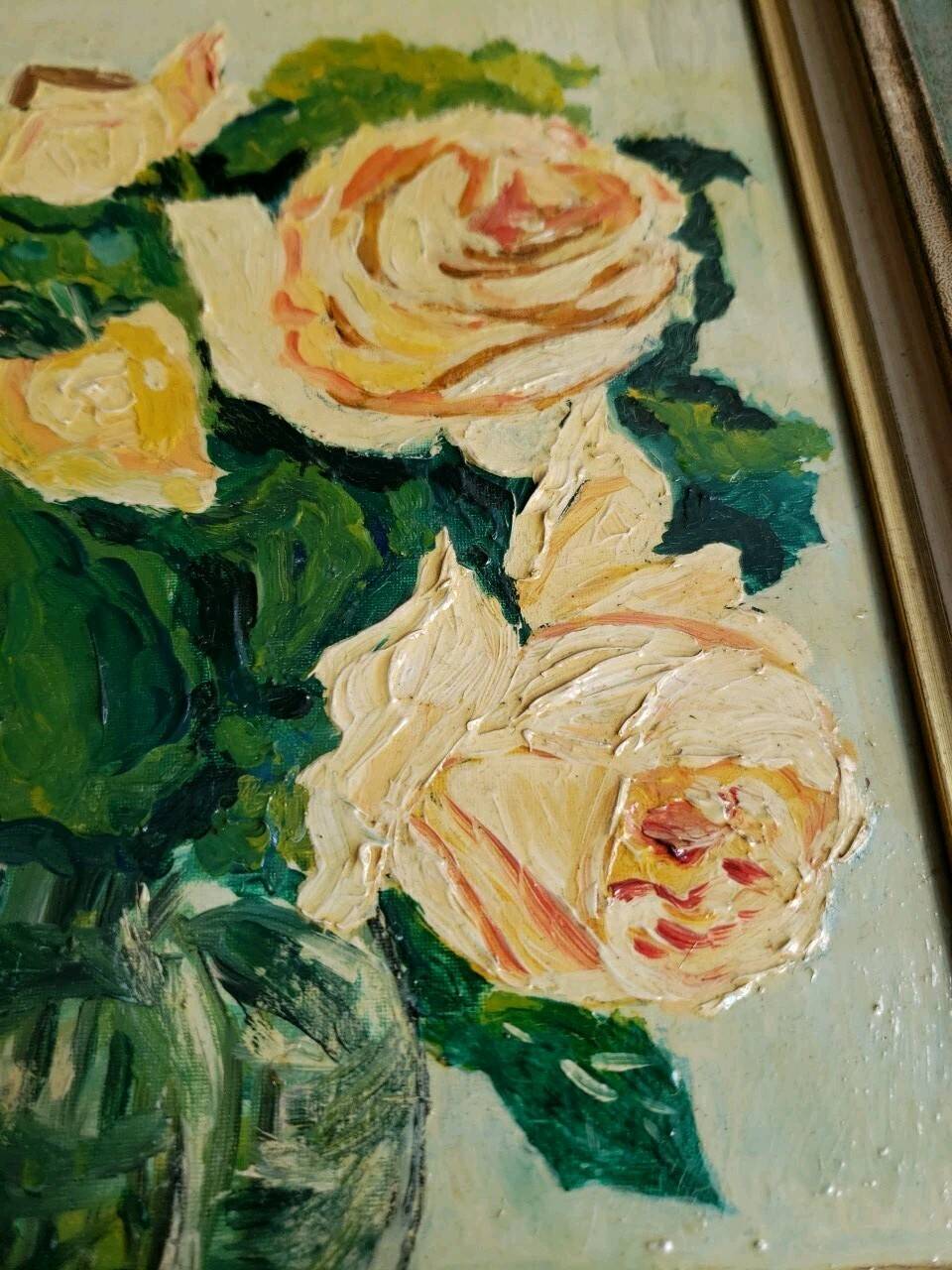 Pair of oils on panel "bouquet of yellow roses" and "bouquet of anemones"