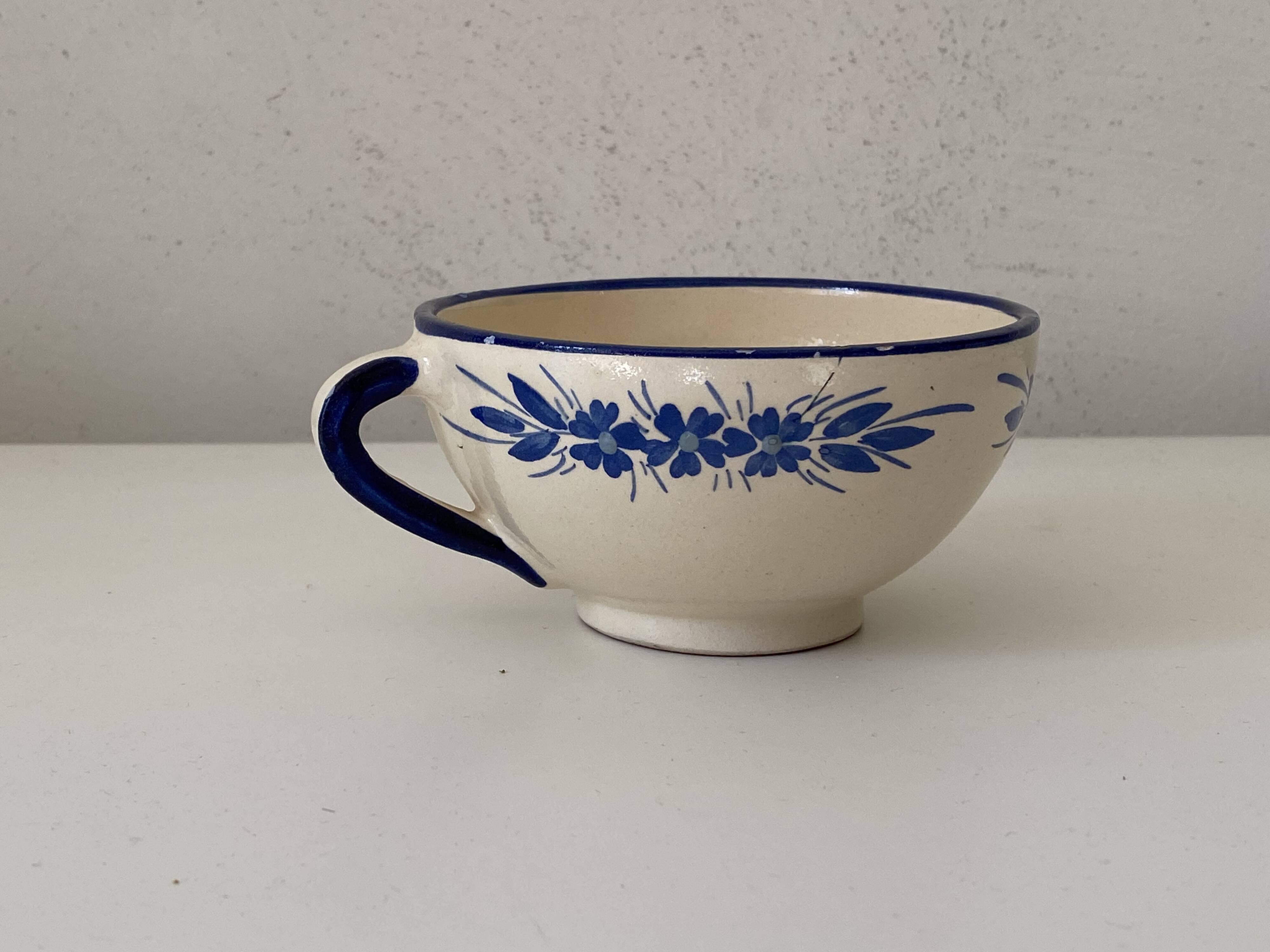 Handcrafted ceramic pitcher and bowl signed – blue decor – vintage tableware