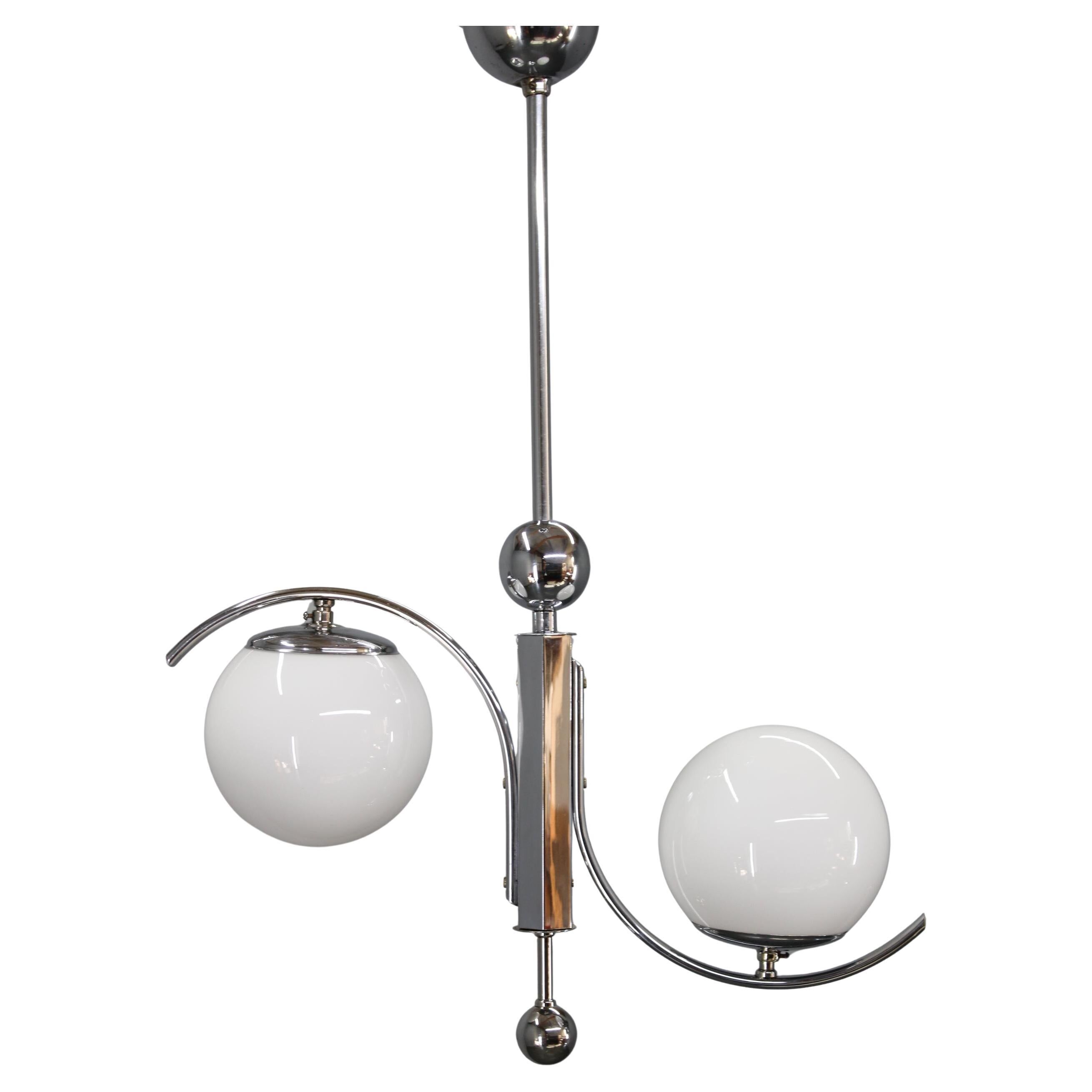 Czechoslovak Art Deco chrome chandelier with opaline glass, 1930s