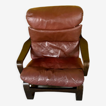 Danish vintage bentwood lounge chair with leather cushions, 1970s