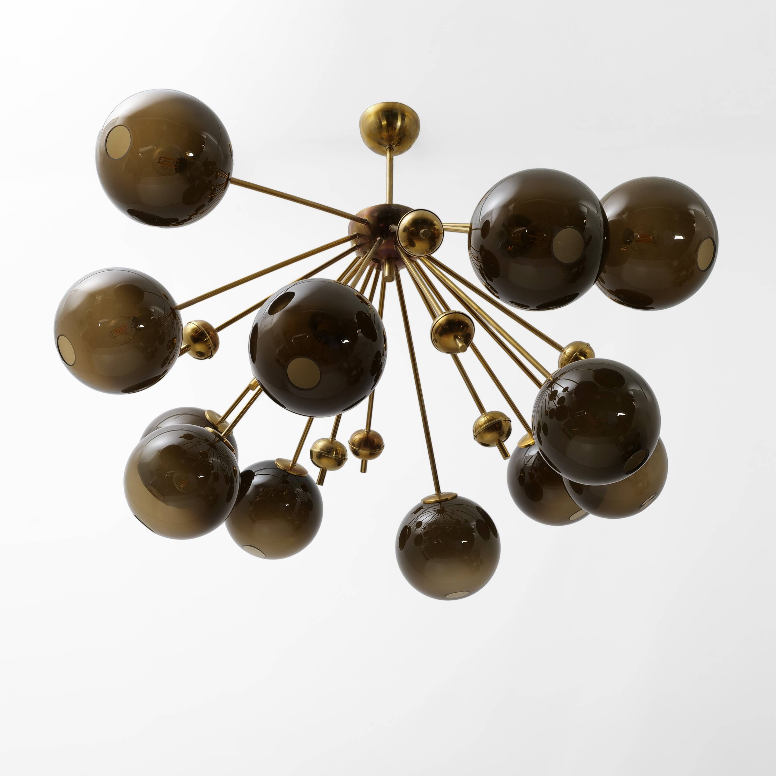 “Galaxy” Chandelier in Brass and Fumé Murano Glass