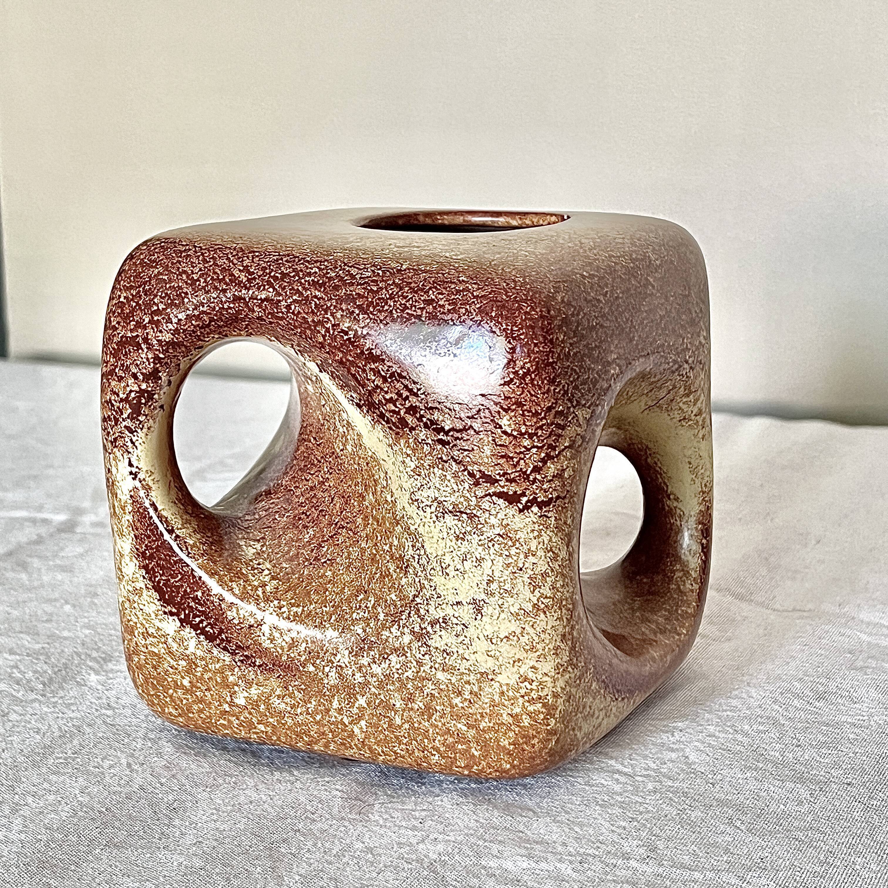 Bertoncello ,,screziato tabacco" glaze, cube vase italian vintage mid century from the 1970's by rob