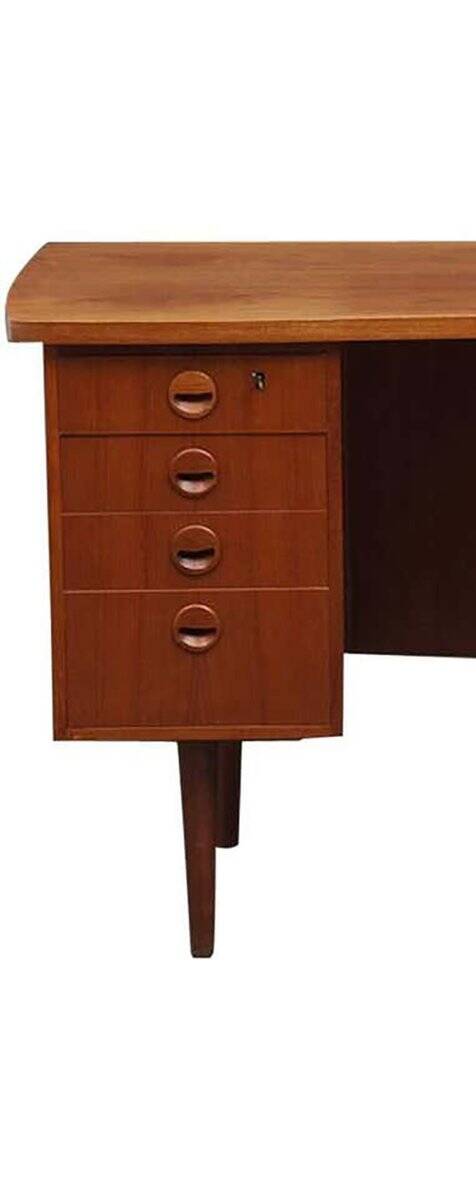 Bureau kidney danois en teck marron années 1950 — forme organique et tambour