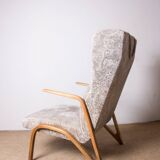 High armchair in curved beech and recent konkav fabric model by paul bode for federholz.