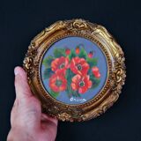 Still life in Tondo oil on panel of a bouquet of poppies signed