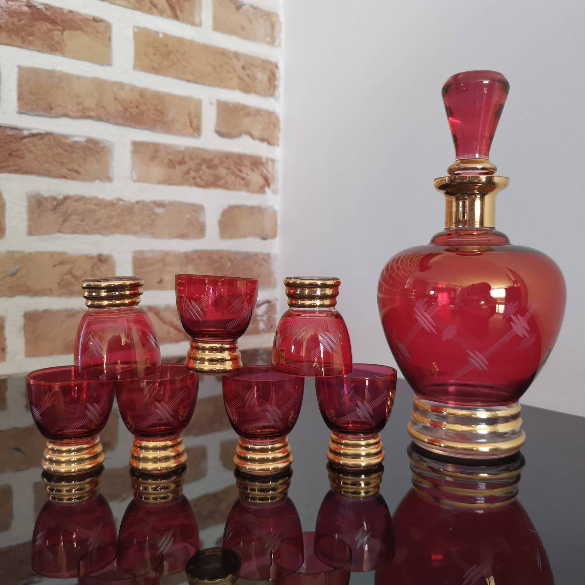 Set of 7 Art Deco glasses and carafe, Verrerie de Monaco Monte Carlo