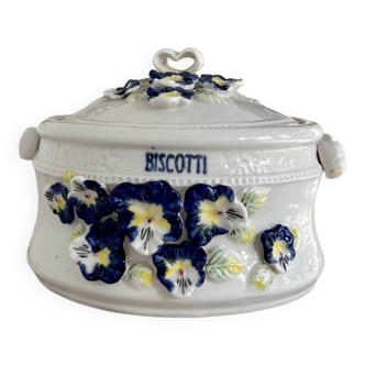 Old porcelain biscuit box and Italian slip floral details
