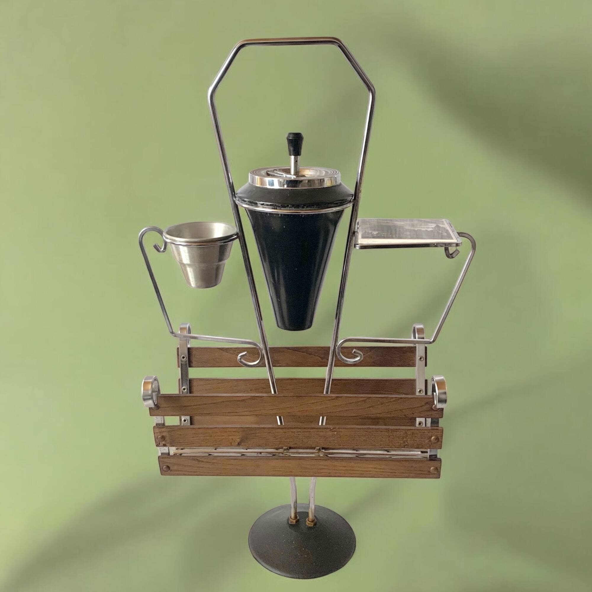 : Multifunctional magazine rack from the 50s-60s in chrome-plated metal and solid wood