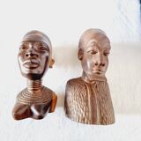 Pair of Busts or Sculptures of African Men and Women in high quality carved wood used