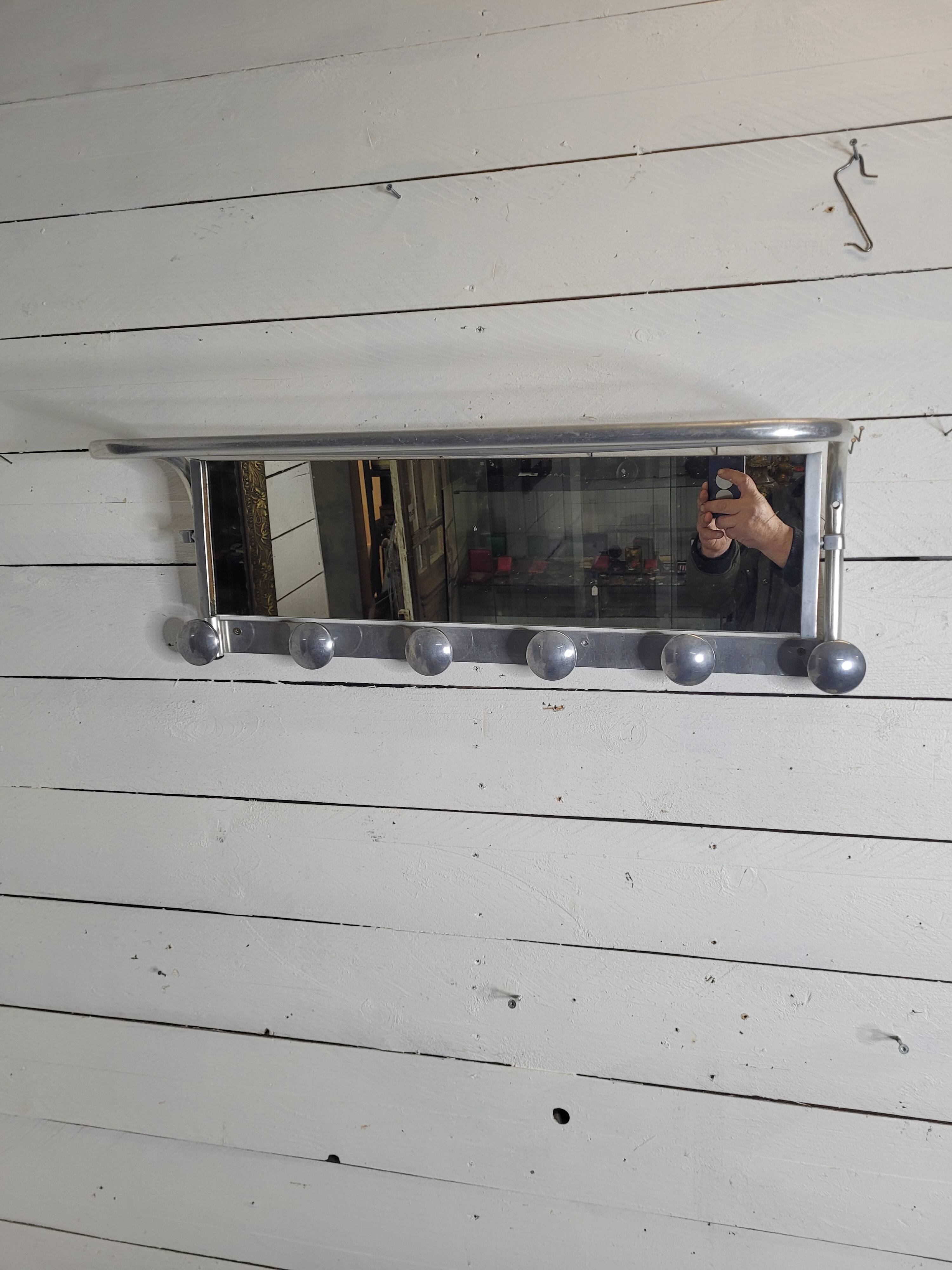 Aluminum wall coat rack with pivoting mirror from the 60s