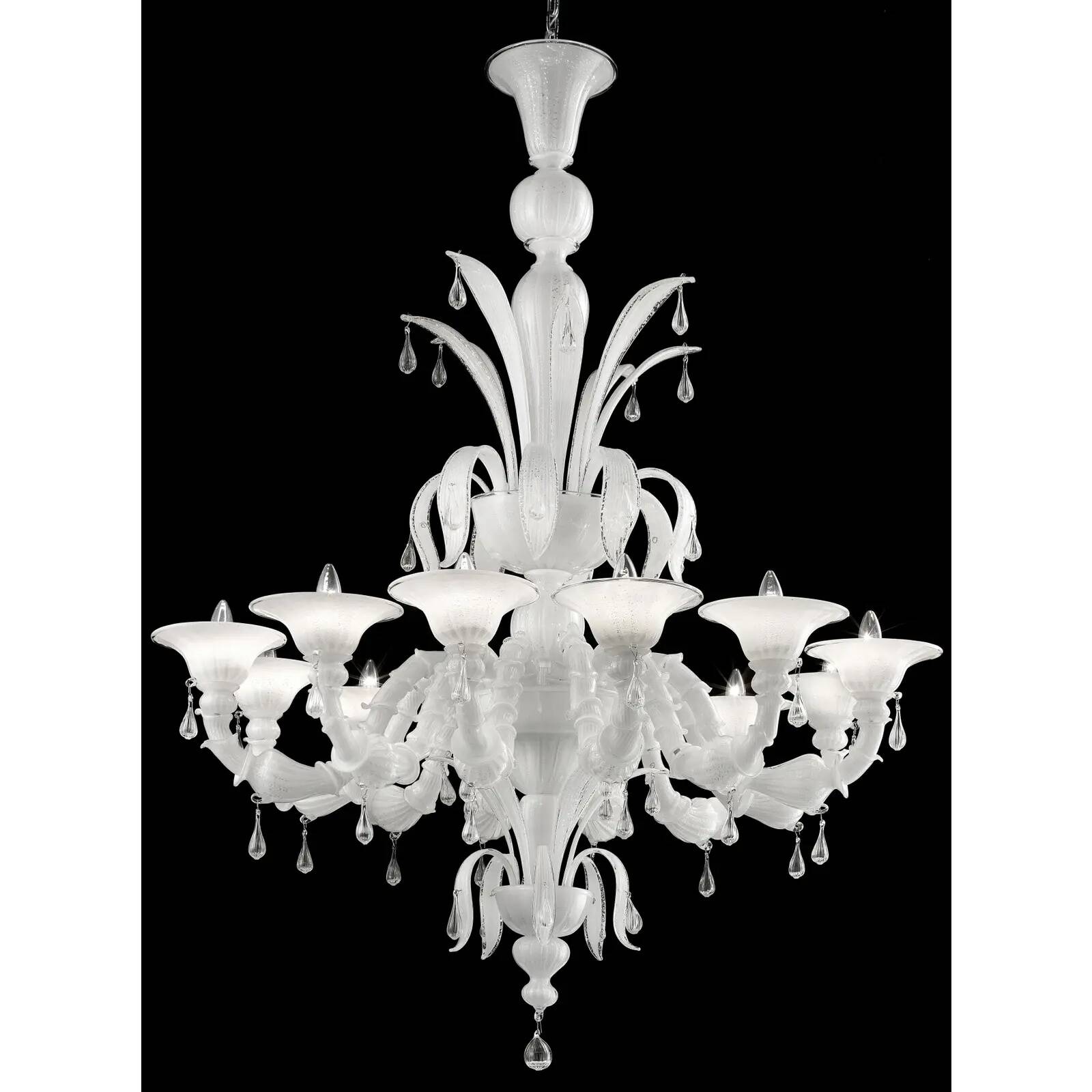 White Venetian “Ca’ Rezzonico” Murano Glass Chandelier with Clear Glass