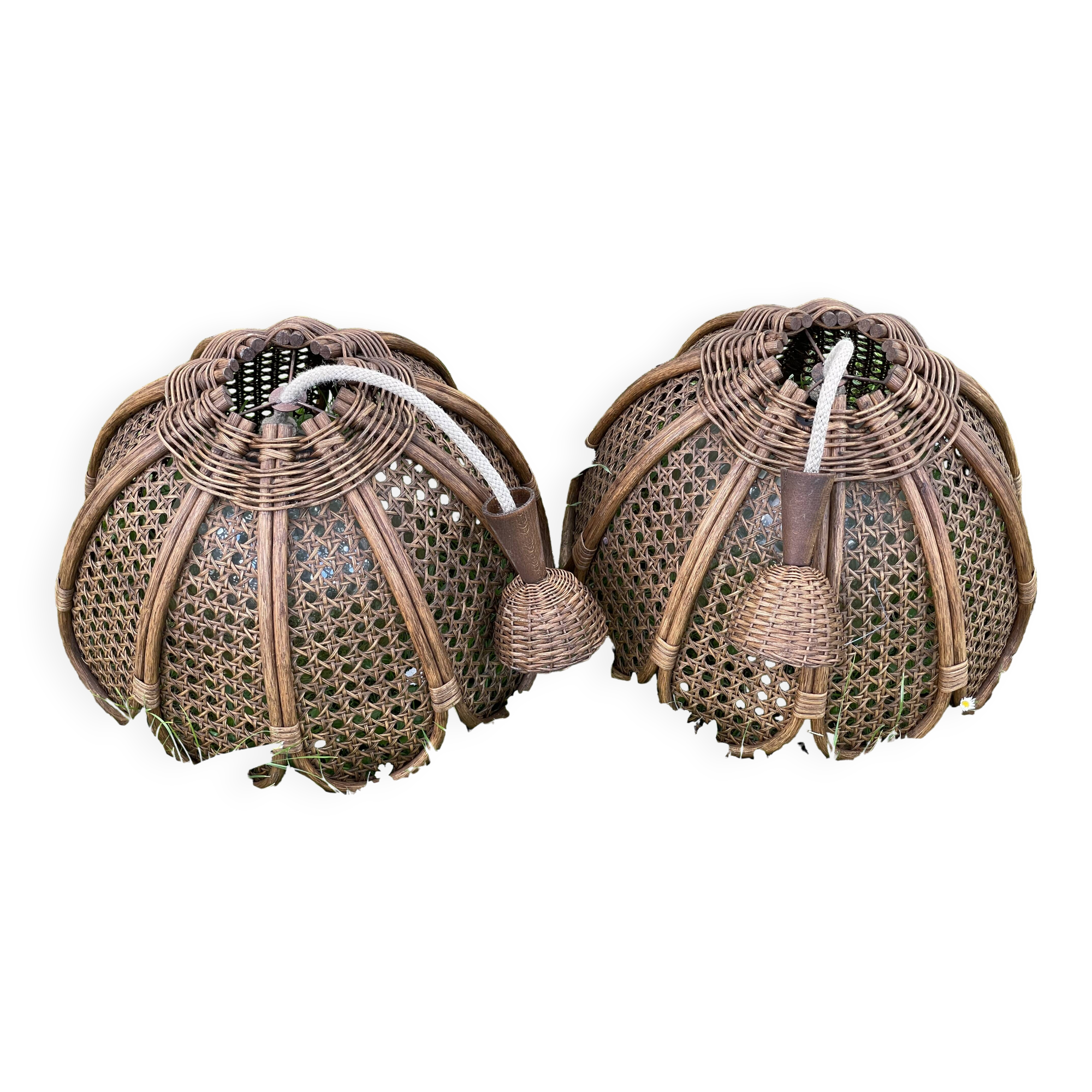 Duo of rattan and glass chandeliers