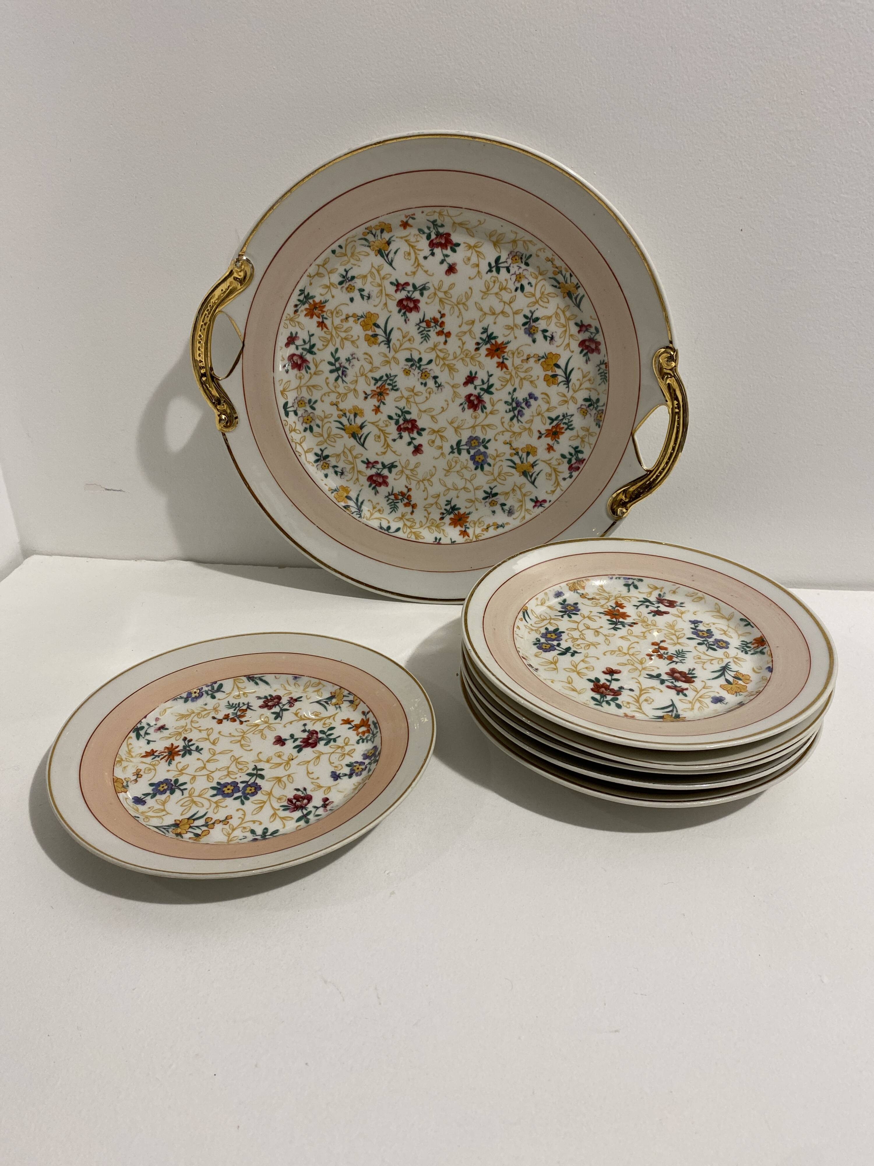 Dessert service, cake service, flowers and gilding, 6 plates and a vintage pie dish.