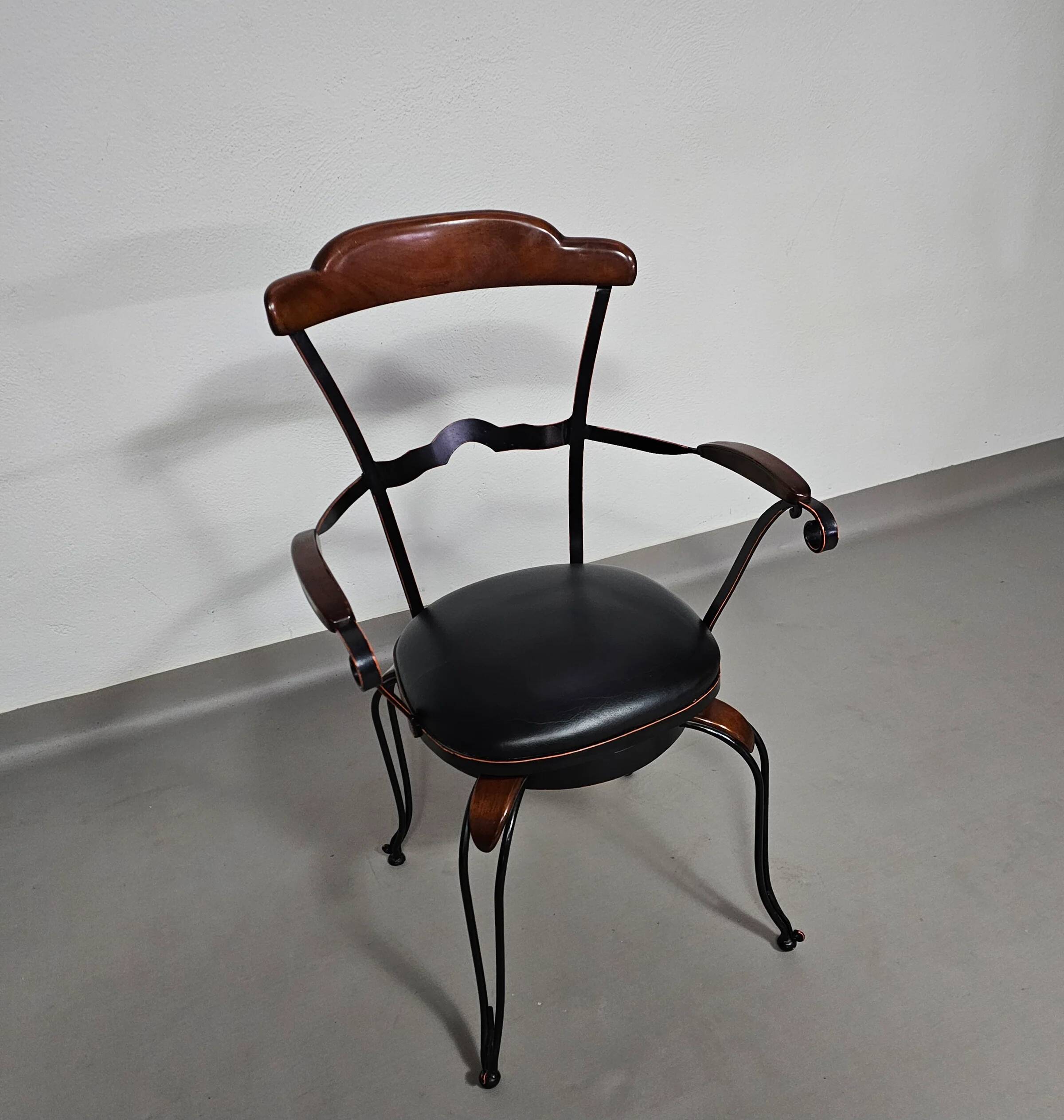 Italian postmodern turnable wrought iron dining chairs with leather seats