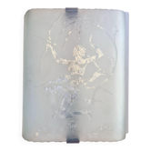 Modern Swedish wall lamp in engraved glass featuring a decoration of the huntress Diana with a deer.