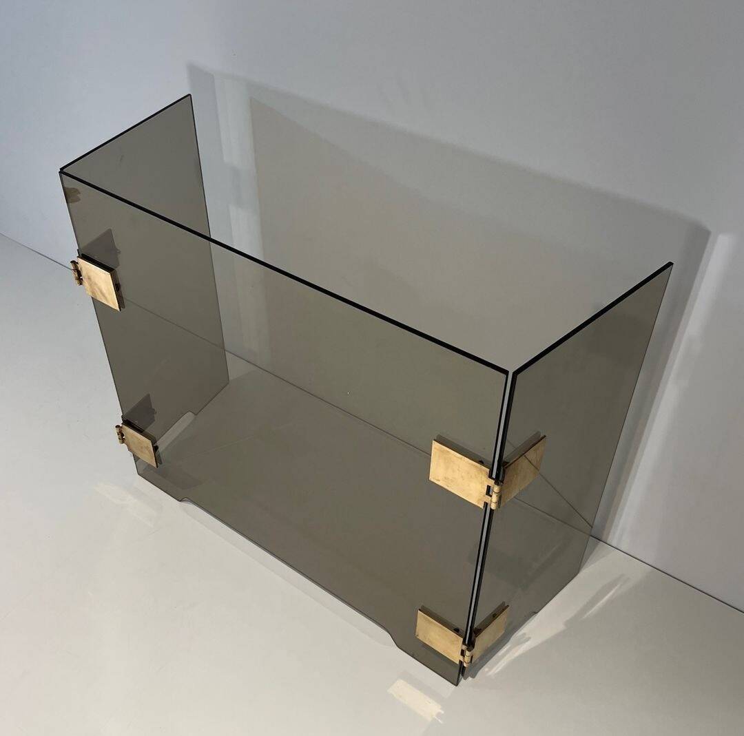Three-Panel Folding Fire Screen in Smoked Glass with Polished Brass Hinges,