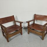 Pair of Spanish vintage leather armchairs 1920/1930