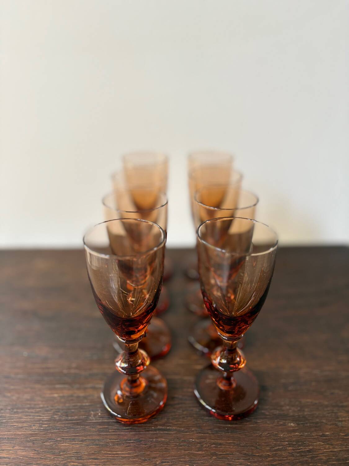 Set of 8 vintage amber portieux crystal glasses from the 70s