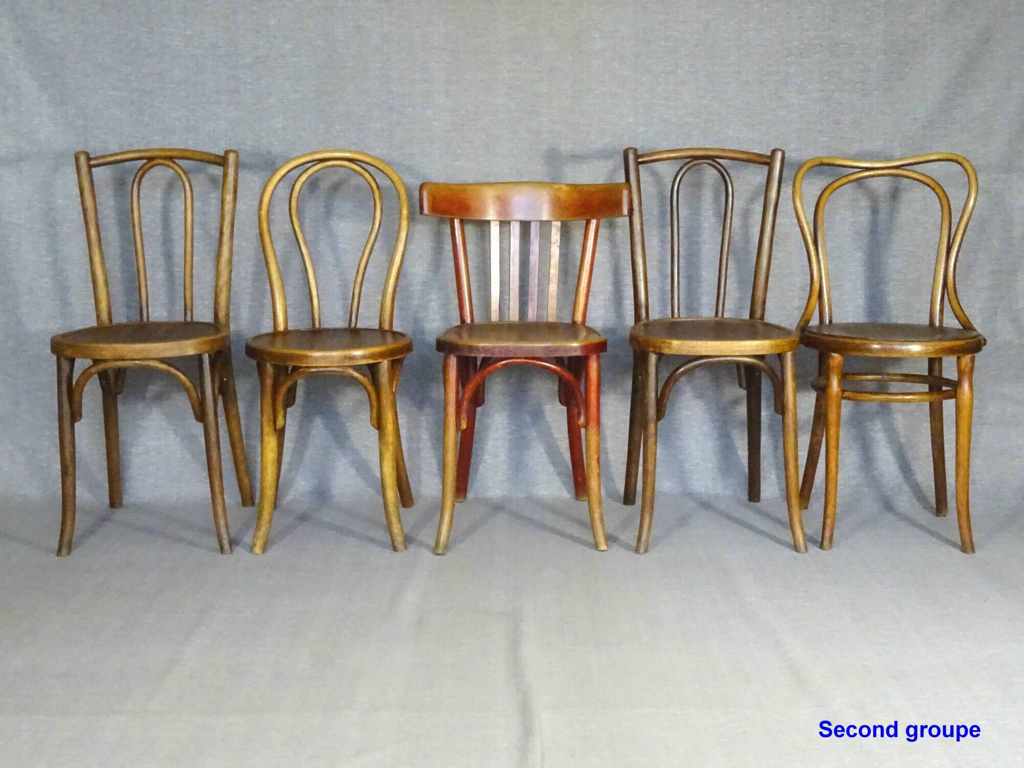 Set of 24 mismatched bistro chairs, curved wood, 1920 to 1955 Thonet...