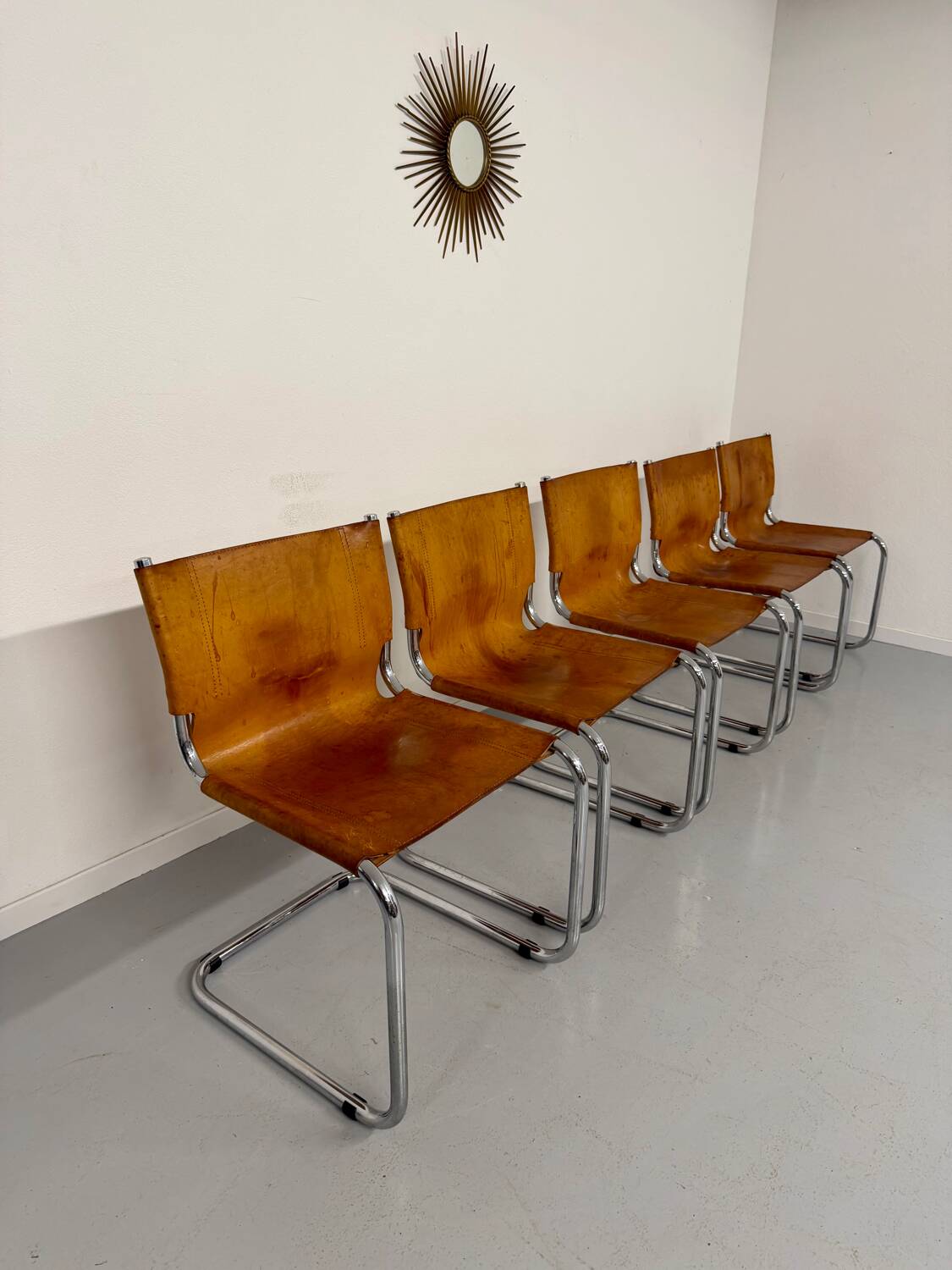 Lot of 5 tubular chairs Mart Stam edition Fasem vintage patinated leather