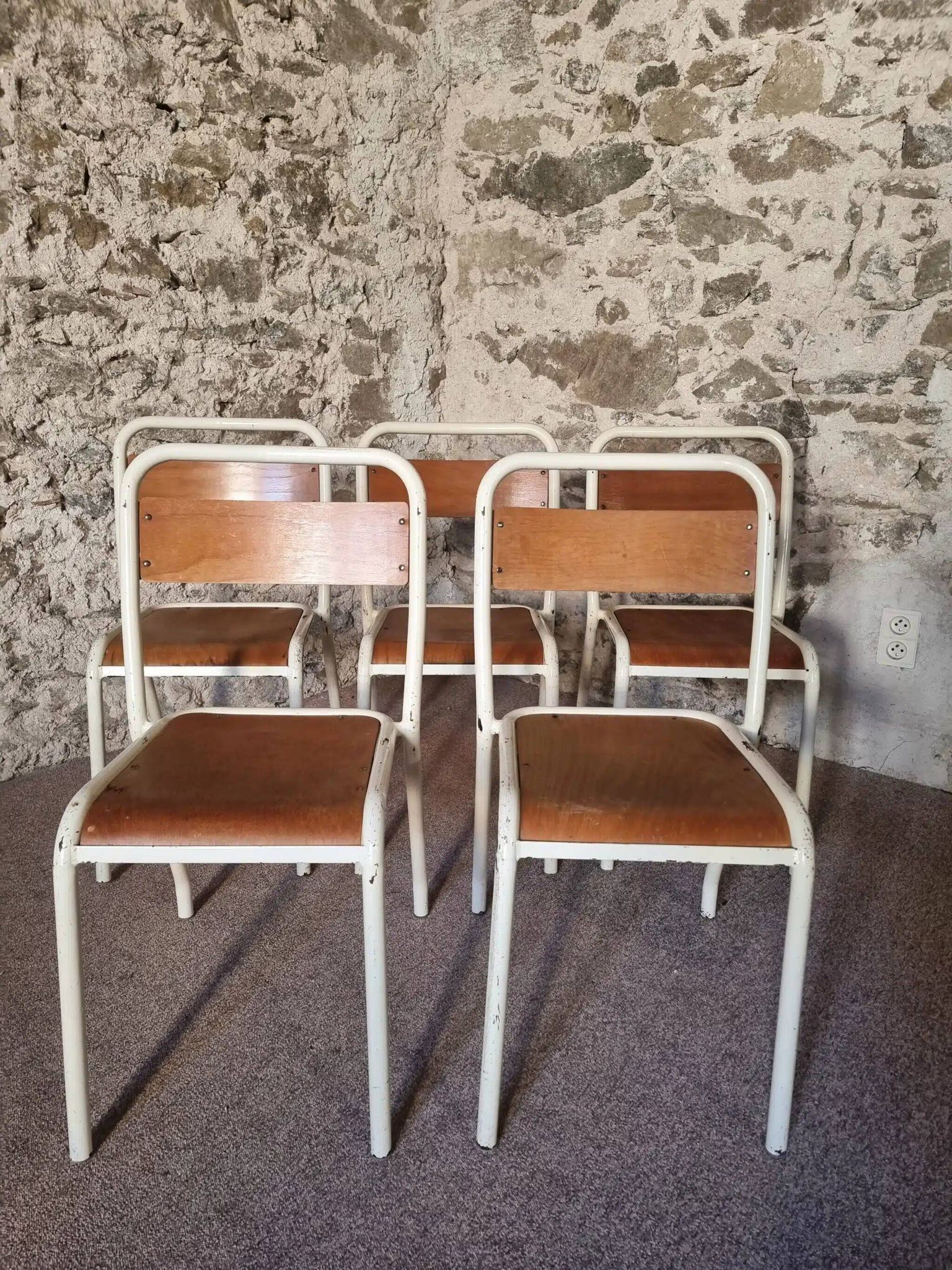 Vintage French school chairs – 1960s industrial cafe seats (set of 5)