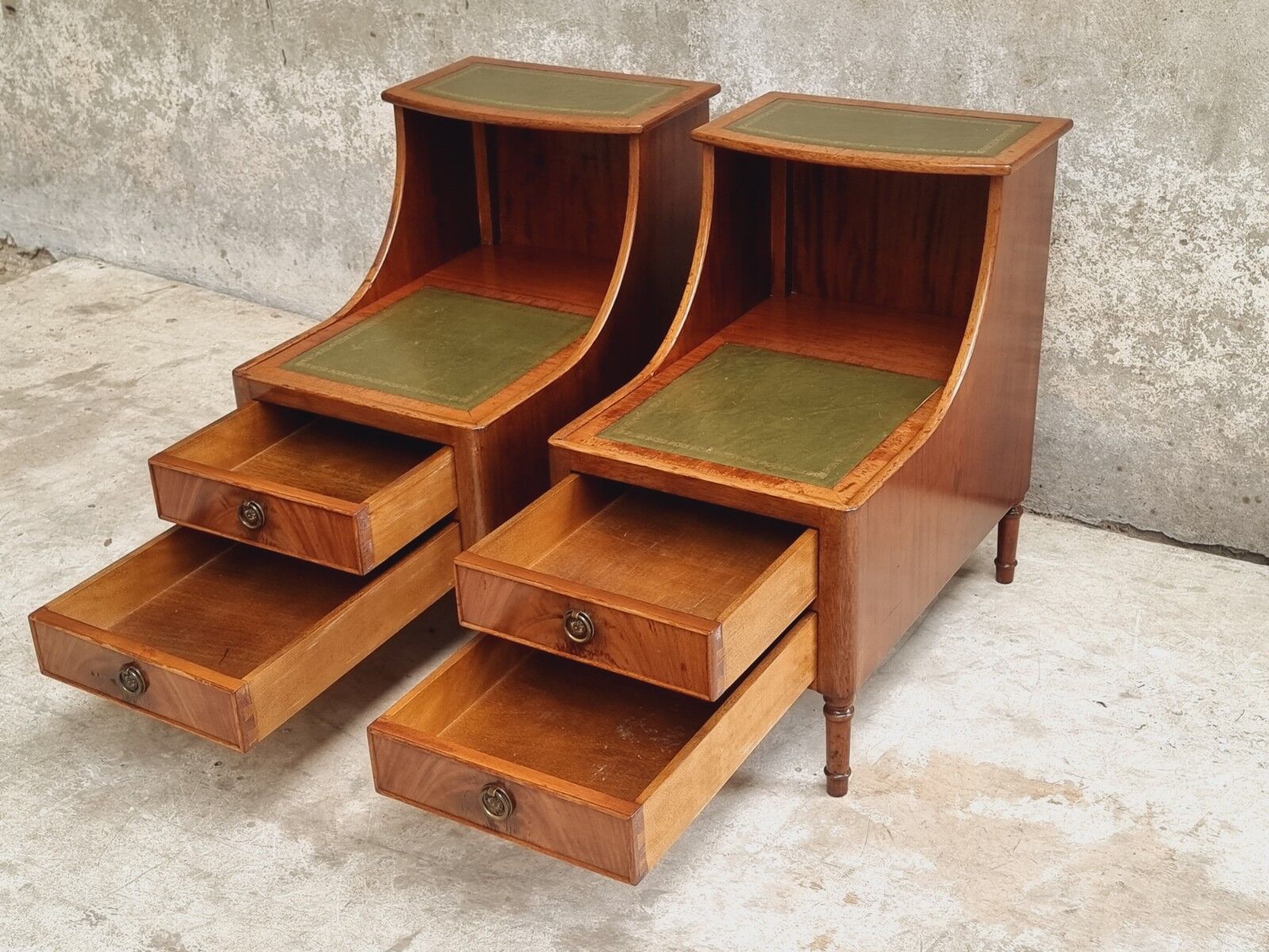 Set of mid century bedside tables with inlaid leather