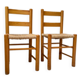 Pair of straw and pine chairs, mountain furniture