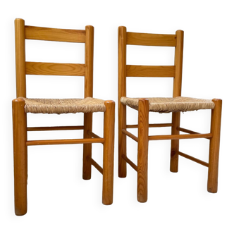 Pair of straw and pine chairs, mountain furniture