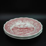 3 deep plates with red English Landscape pattern